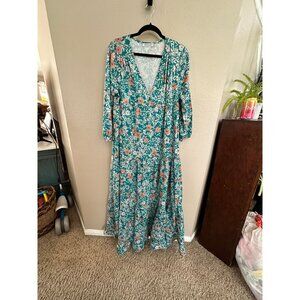 Misslook Womens‎ Green Floral Maxi Dress XL V-Neckline 3/4 Sleeves cotton blend